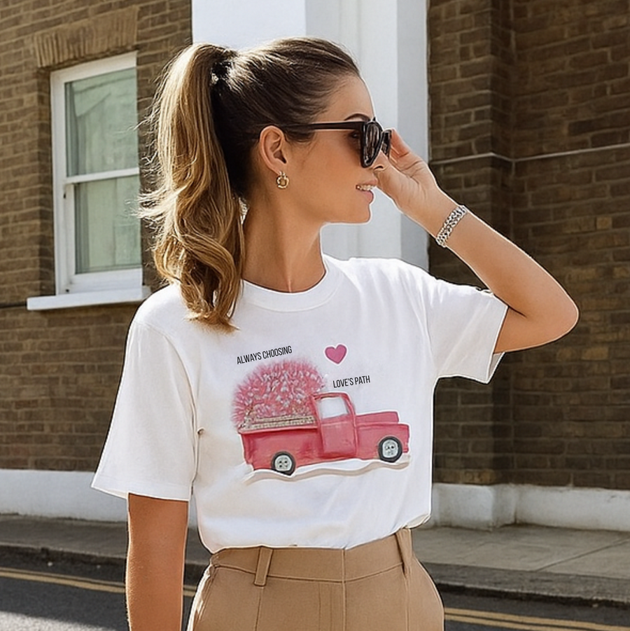 Mulher usando camiseta branca com estampa Always Choosing love's path