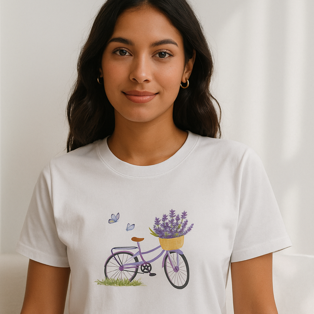 Camiseta com estampas de bicicleta carregando lavanda